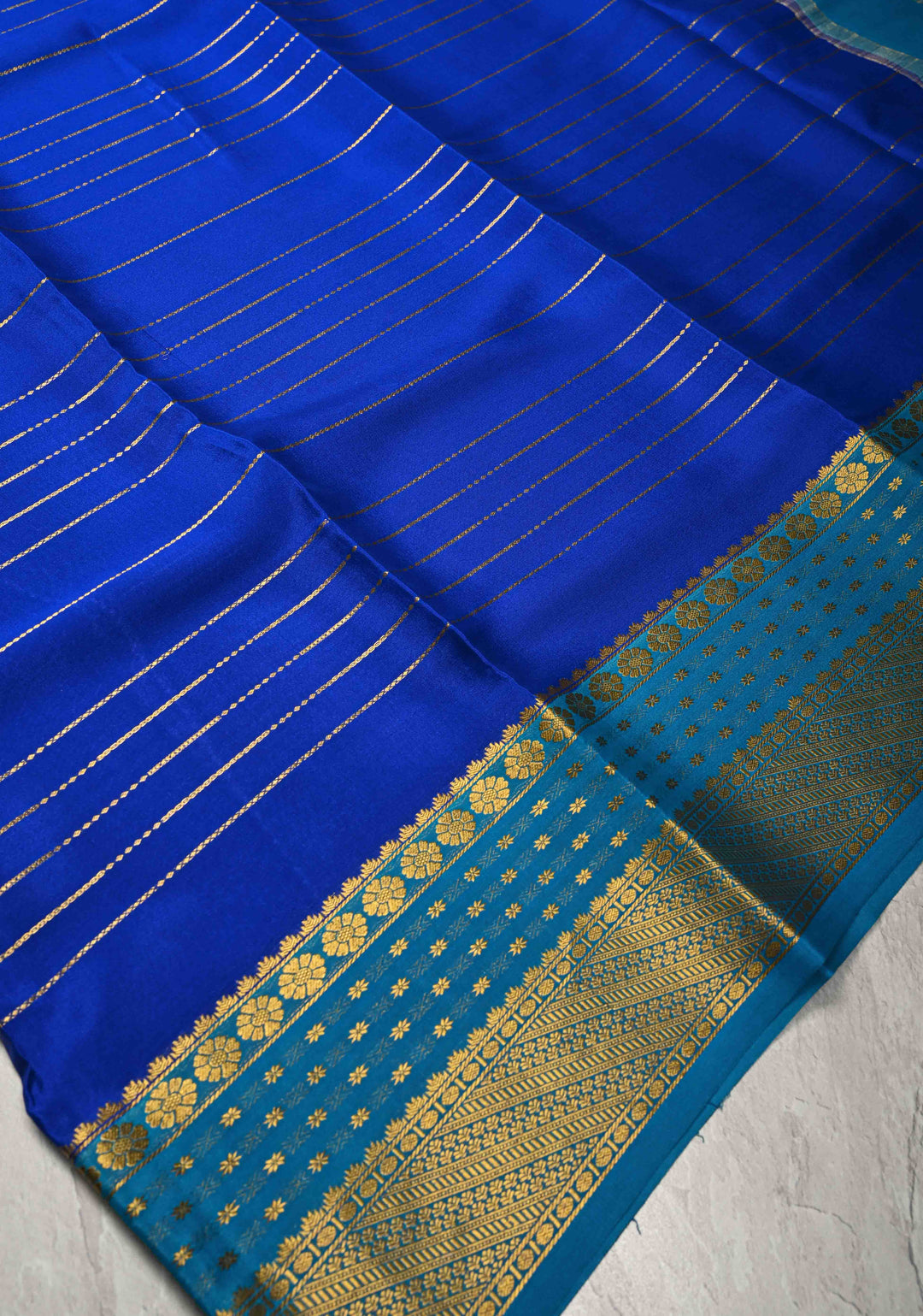 Royal Blue Mysore Silk Saree with Horizontal Zari Stripes and Zari Border in KSIC Grade Thickness | SILK MARK CERTIFIED