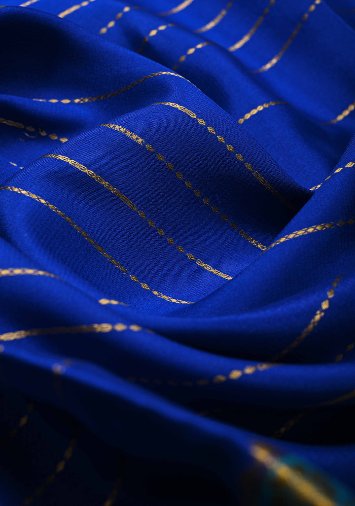 Royal Blue Mysore Silk Saree with Horizontal Zari Stripes and Zari Border in KSIC Grade Thickness | SILK MARK CERTIFIED