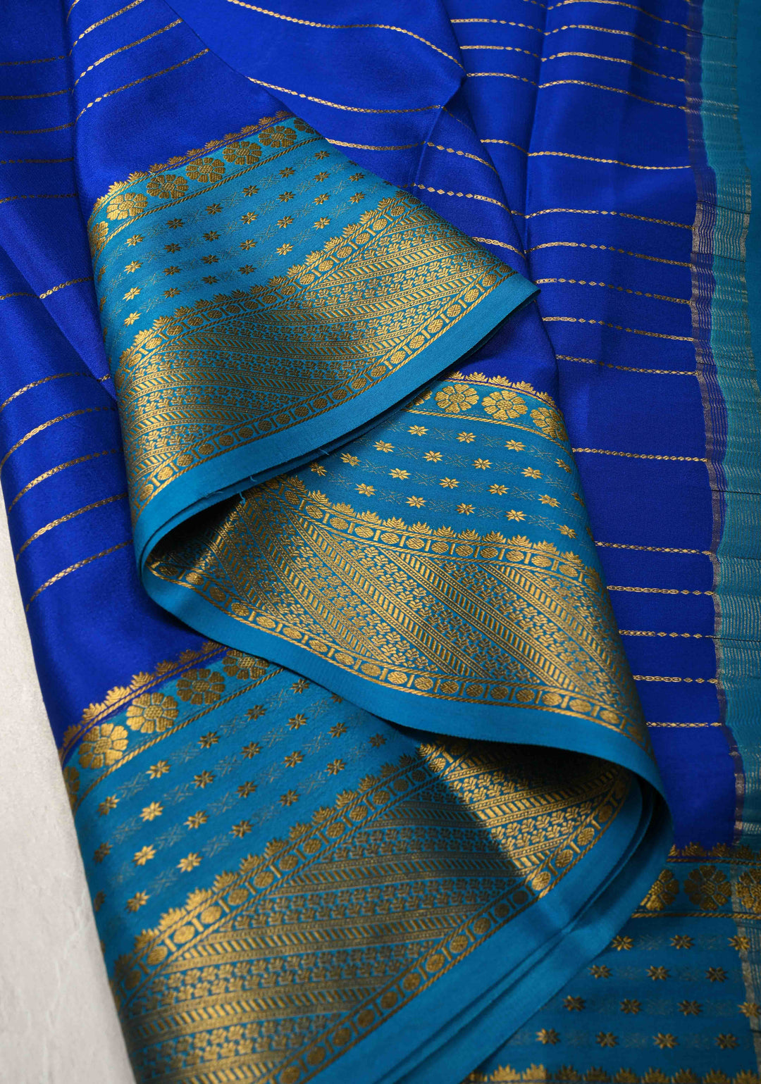 Royal Blue Mysore Silk Saree with Horizontal Zari Stripes and Zari Border in KSIC Grade Thickness | SILK MARK CERTIFIED