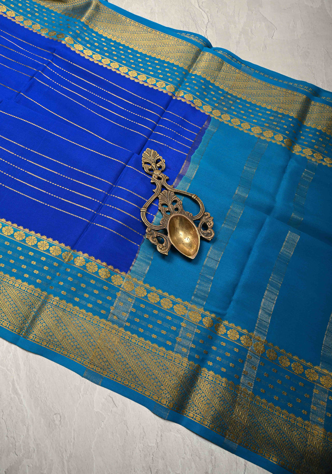 Royal Blue Mysore Silk Saree with Horizontal Zari Stripes and Zari Border in KSIC Grade Thickness | SILK MARK CERTIFIED