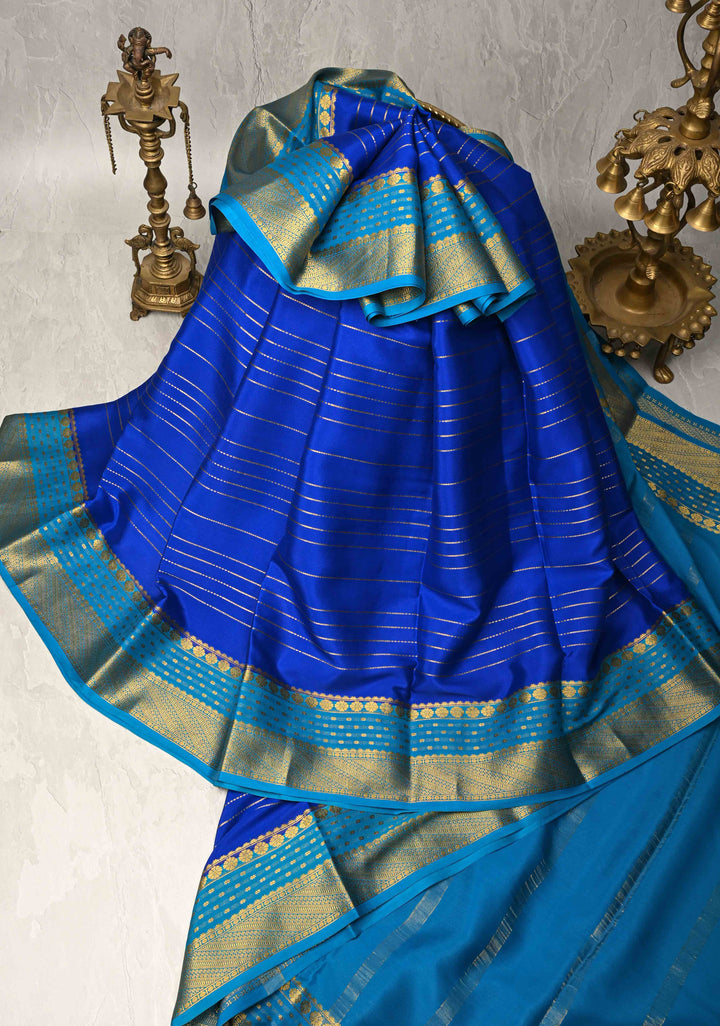 Royal Blue Mysore Silk Saree with Horizontal Zari Stripes and Zari Border in KSIC Grade Thickness | SILK MARK CERTIFIED
