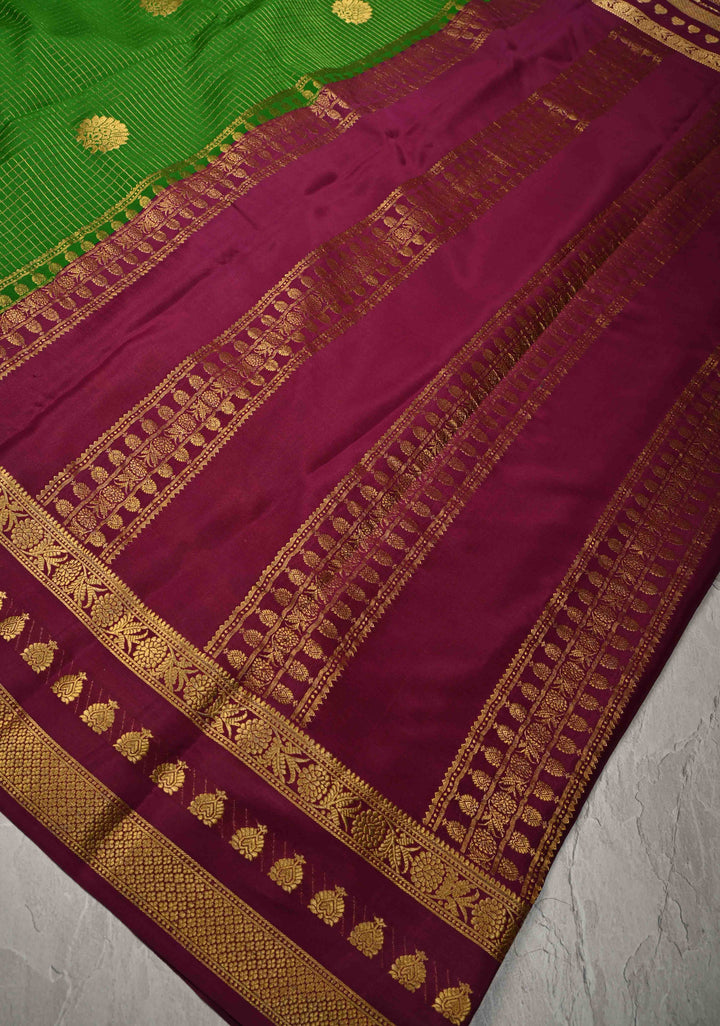 Dark Fern Podi-Kattam Zari Checks on Pure Mysore Silk Saree with Floral Buttas and Contrast Zari Border in KSIC Grade Thickness | SILK MARK CERTIFIED