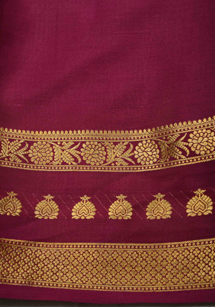 Dark Fern Podi-Kattam Zari Checks on Pure Mysore Silk Saree with Floral Buttas and Contrast Zari Border in KSIC Grade Thickness | SILK MARK CERTIFIED