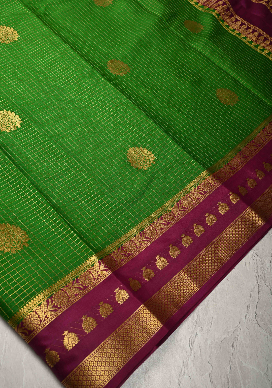 Dark Fern Podi-Kattam Zari Checks on Pure Mysore Silk Saree with Floral Buttas and Contrast Zari Border in KSIC Grade Thickness | SILK MARK CERTIFIED