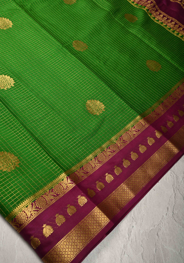 Dark Fern Podi-Kattam Zari Checks on Pure Mysore Silk Saree with Floral Buttas and Contrast Zari Border in KSIC Grade Thickness | SILK MARK CERTIFIED