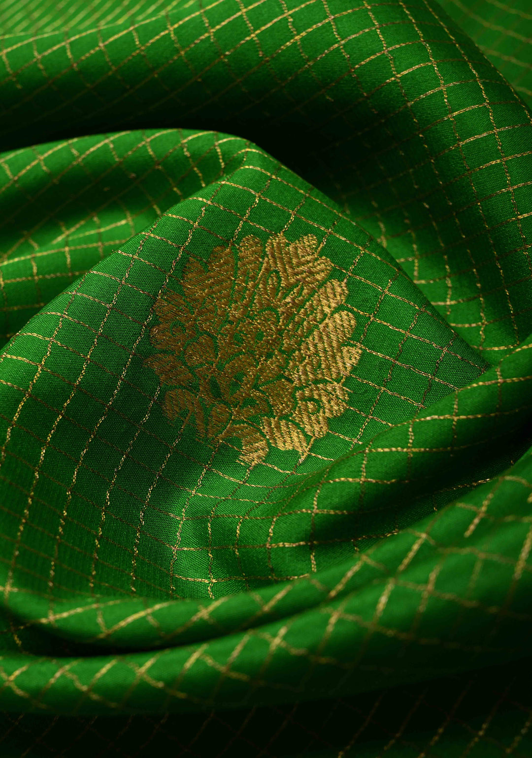 Dark Fern Podi-Kattam Zari Checks on Pure Mysore Silk Saree with Floral Buttas and Contrast Zari Border in KSIC Grade Thickness | SILK MARK CERTIFIED