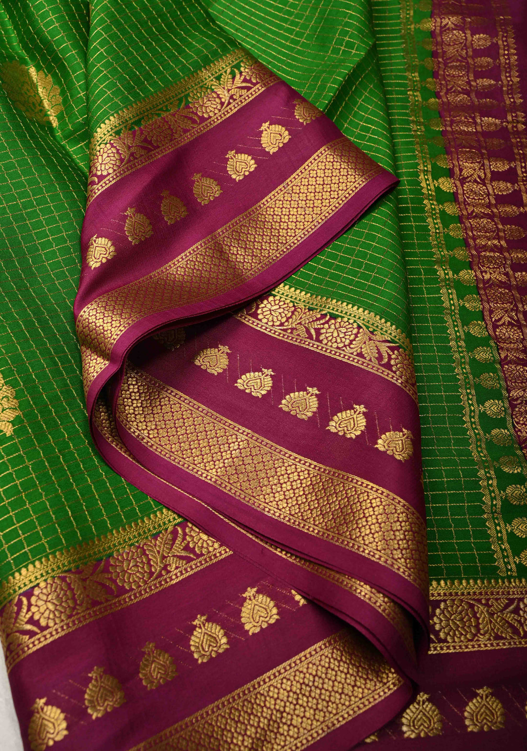 Dark Fern Podi-Kattam Zari Checks on Pure Mysore Silk Saree with Floral Buttas and Contrast Zari Border in KSIC Grade Thickness | SILK MARK CERTIFIED