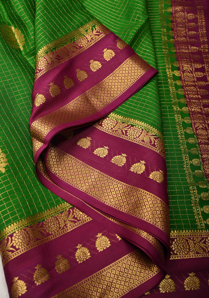Dark Fern Podi-Kattam Zari Checks on Pure Mysore Silk Saree with Floral Buttas and Contrast Zari Border in KSIC Grade Thickness | SILK MARK CERTIFIED