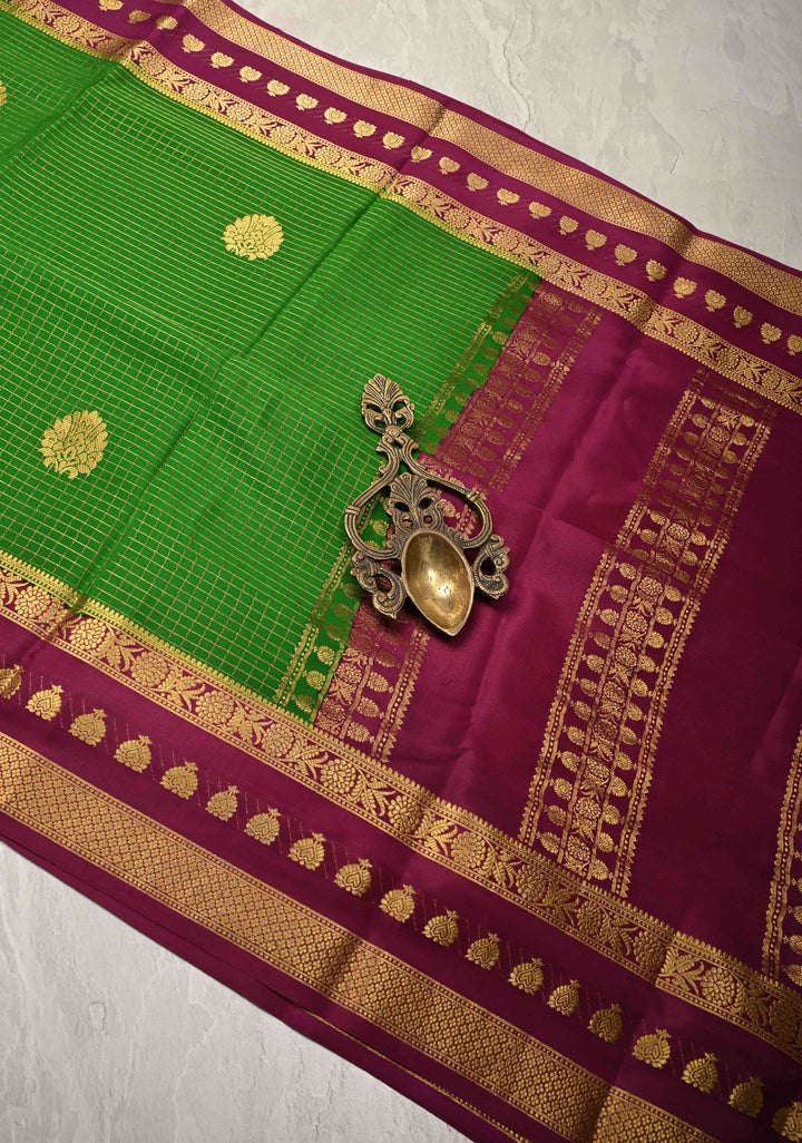 Dark Fern Podi-Kattam Zari Checks on Pure Mysore Silk Saree with Floral Buttas and Contrast Zari Border in KSIC Grade Thickness | SILK MARK CERTIFIED