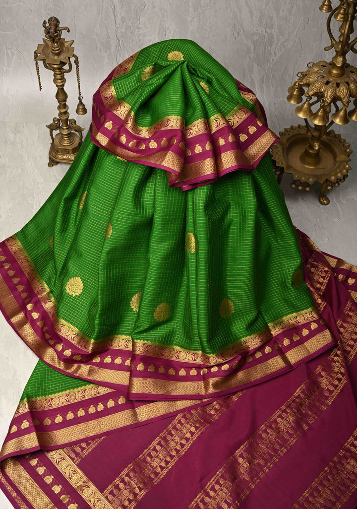 Dark Fern Podi-Kattam Zari Checks on Pure Mysore Silk Saree with Floral Buttas and Contrast Zari Border in KSIC Grade Thickness | SILK MARK CERTIFIED