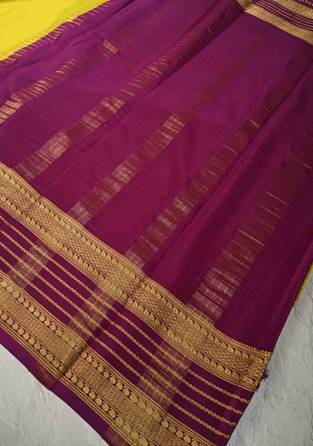 Bright Yellow Mysore Silk Saree with Zari Contrast Pannel Borders in KSIC Grade Thickness | SILK MARK CERTIFIED