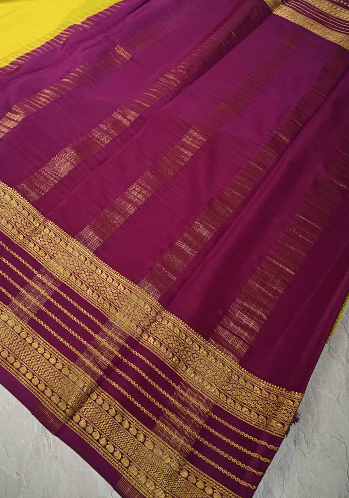 Bright Yellow Mysore Silk Saree with Zari Contrast Pannel Borders in KSIC Grade Thickness | SILK MARK CERTIFIED