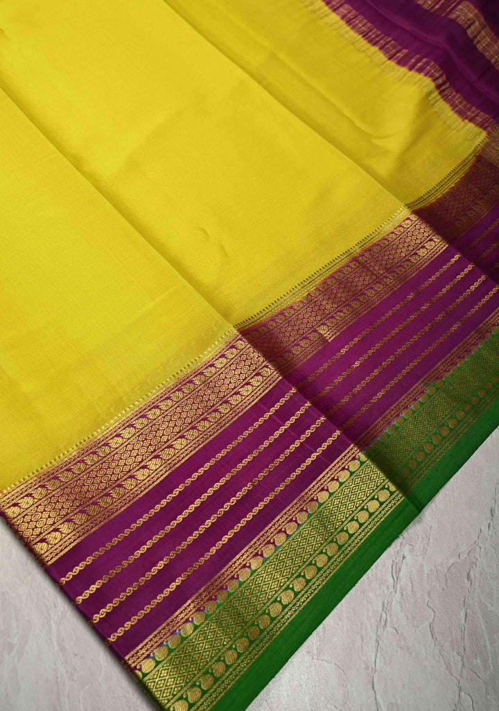 Bright Yellow Mysore Silk Saree with Zari Contrast Pannel Borders in KSIC Grade Thickness | SILK MARK CERTIFIED