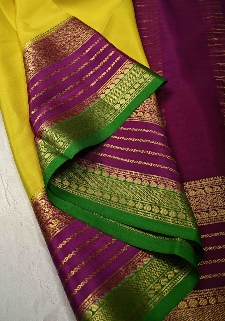 Bright Yellow Mysore Silk Saree with Zari Contrast Pannel Borders in KSIC Grade Thickness | SILK MARK CERTIFIED