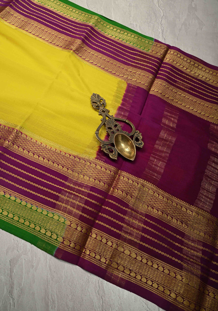 Bright Yellow Mysore Silk Saree with Zari Contrast Pannel Borders in KSIC Grade Thickness | SILK MARK CERTIFIED