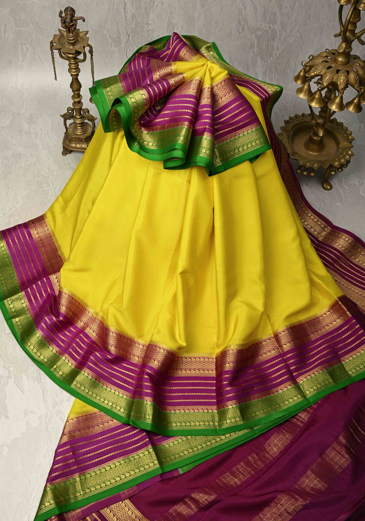 Bright Yellow Mysore Silk Saree with Zari Contrast Pannel Borders in KSIC Grade Thickness | SILK MARK CERTIFIED