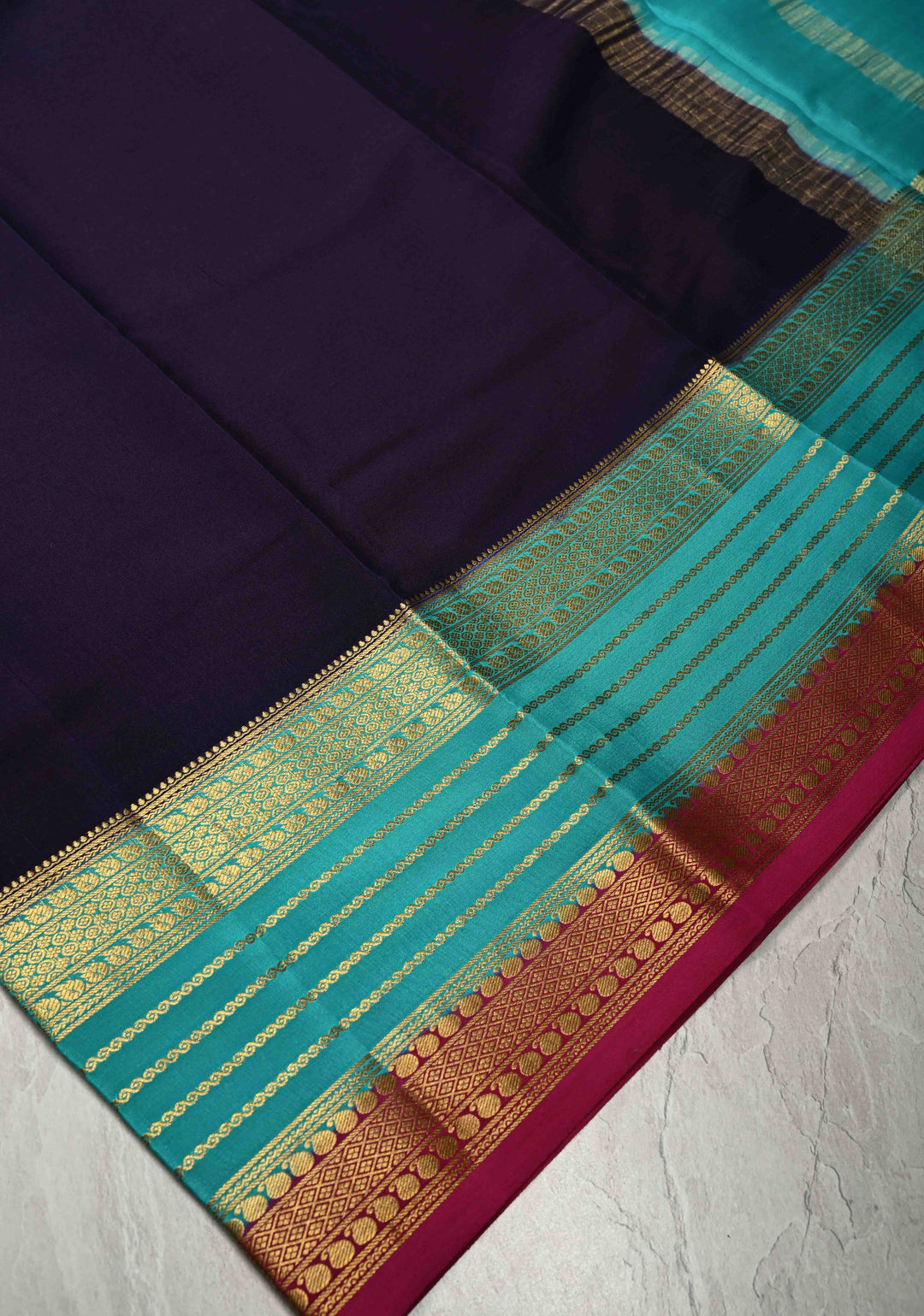 Ink Purple Mysore Silk Saree with Contrast Zari Panel Borders in KSIC Grade Thickness | SILK MARK CERTIFIED