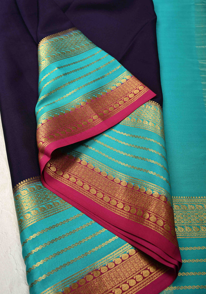 Ink Purple Mysore Silk Saree with Contrast Zari Panel Borders in KSIC Grade Thickness | SILK MARK CERTIFIED