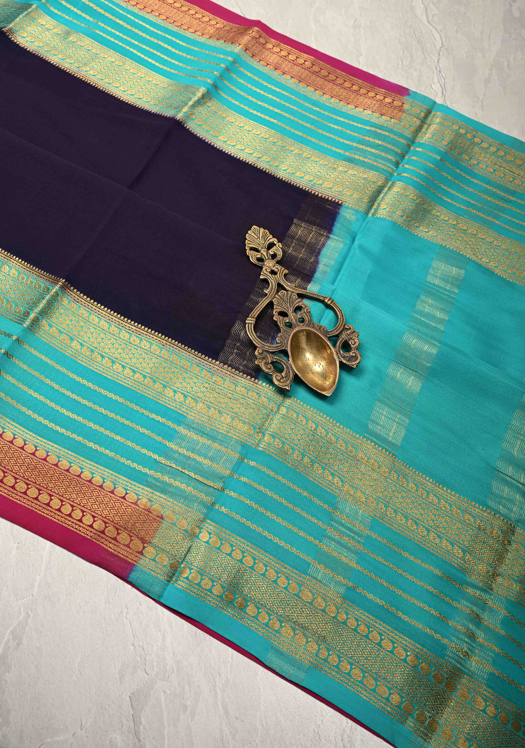 Ink Purple Mysore Silk Saree with Contrast Zari Panel Borders in KSIC Grade Thickness | SILK MARK CERTIFIED