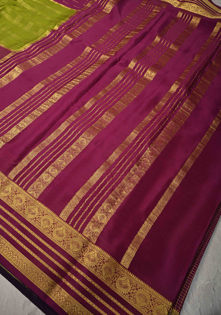 3 color Plum-Sap Green Panel Design on Pure Mysore Silk Saree with Podi-Kattam Zari Checks and Zari Border in KSIC Grade Thickness | SILK MARK CERTIFIED