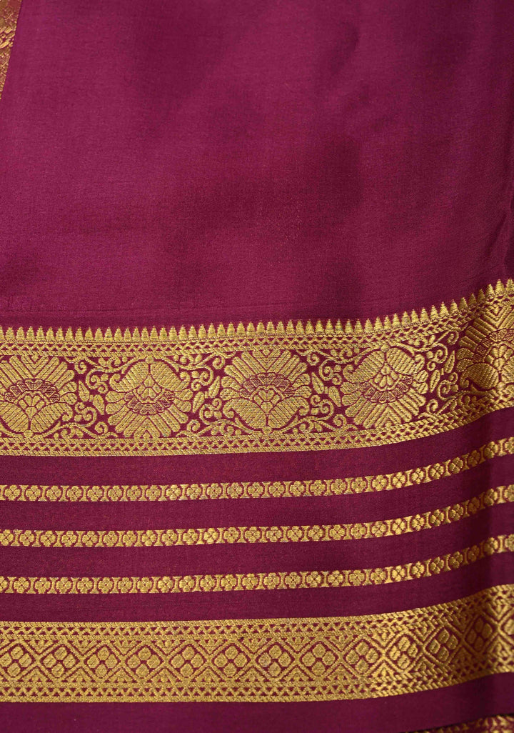 3 color Plum-Sap Green Panel Design on Pure Mysore Silk Saree with Podi-Kattam Zari Checks and Zari Border in KSIC Grade Thickness | SILK MARK CERTIFIED