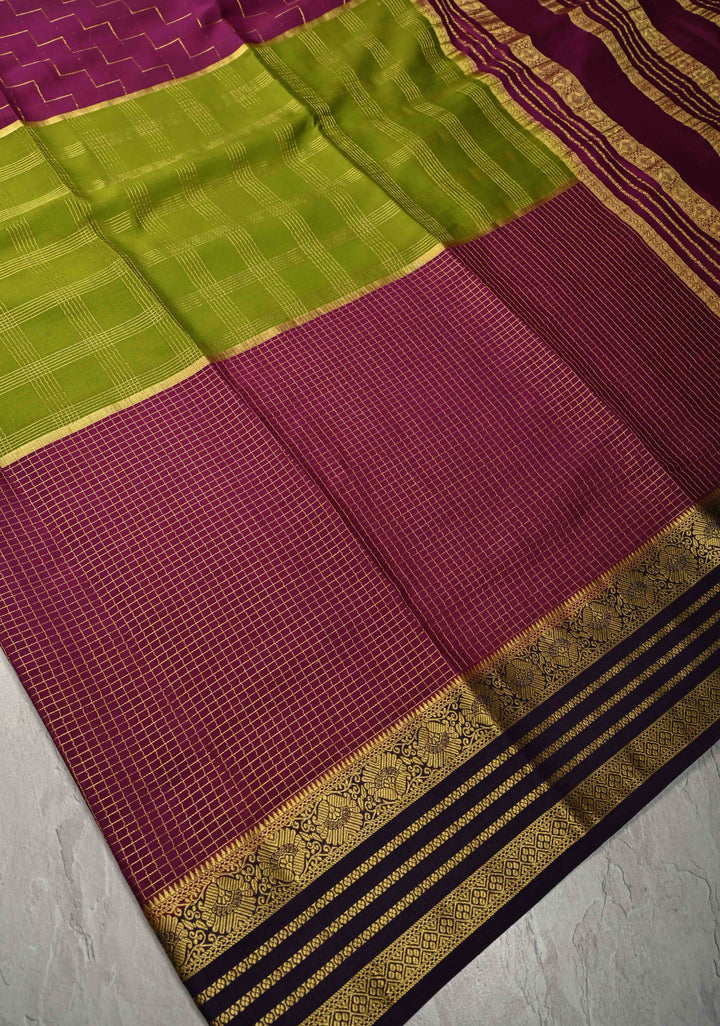 3 color Plum-Sap Green Panel Design on Pure Mysore Silk Saree with Podi-Kattam Zari Checks and Zari Border in KSIC Grade Thickness | SILK MARK CERTIFIED