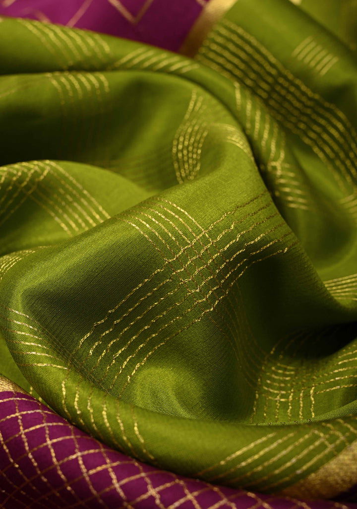 3 color Plum-Sap Green Panel Design on Pure Mysore Silk Saree with Podi-Kattam Zari Checks and Zari Border in KSIC Grade Thickness | SILK MARK CERTIFIED