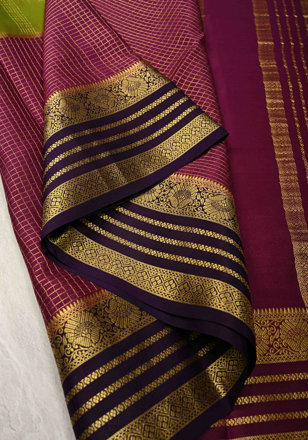3 color Plum-Sap Green Panel Design on Pure Mysore Silk Saree with Podi-Kattam Zari Checks and Zari Border in KSIC Grade Thickness | SILK MARK CERTIFIED