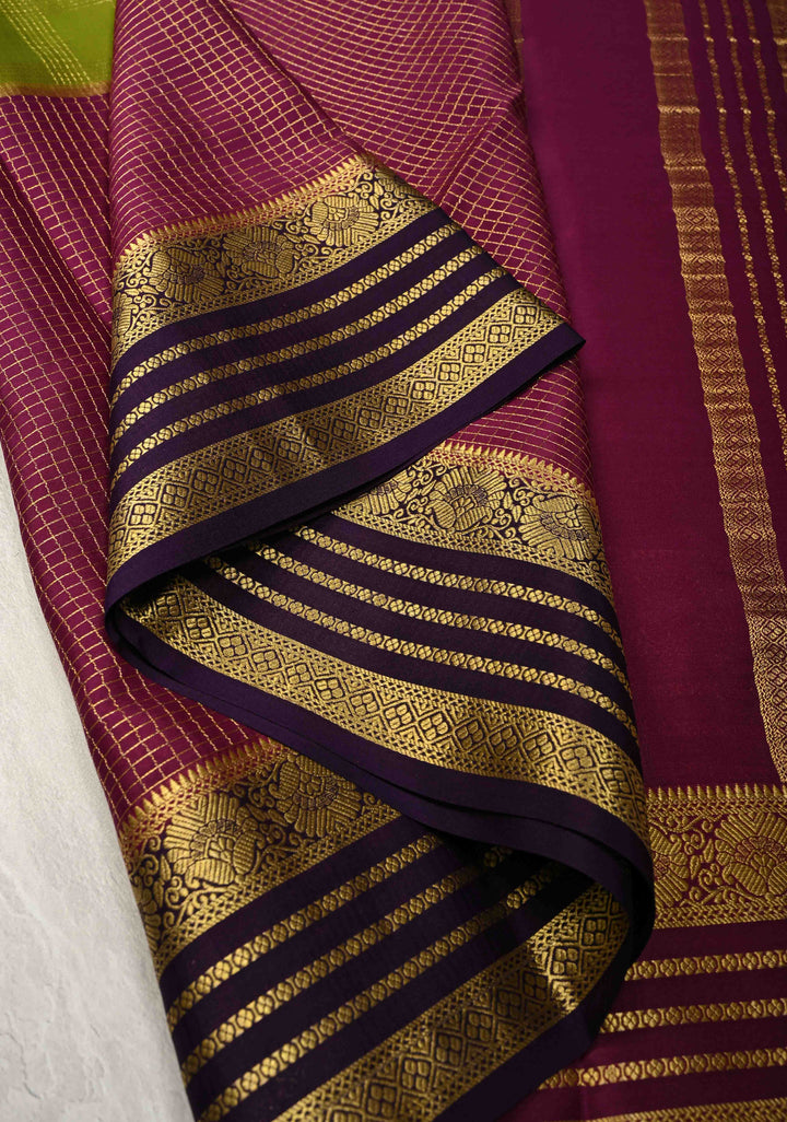 3 color Plum-Sap Green Panel Design on Pure Mysore Silk Saree with Podi-Kattam Zari Checks and Zari Border in KSIC Grade Thickness | SILK MARK CERTIFIED