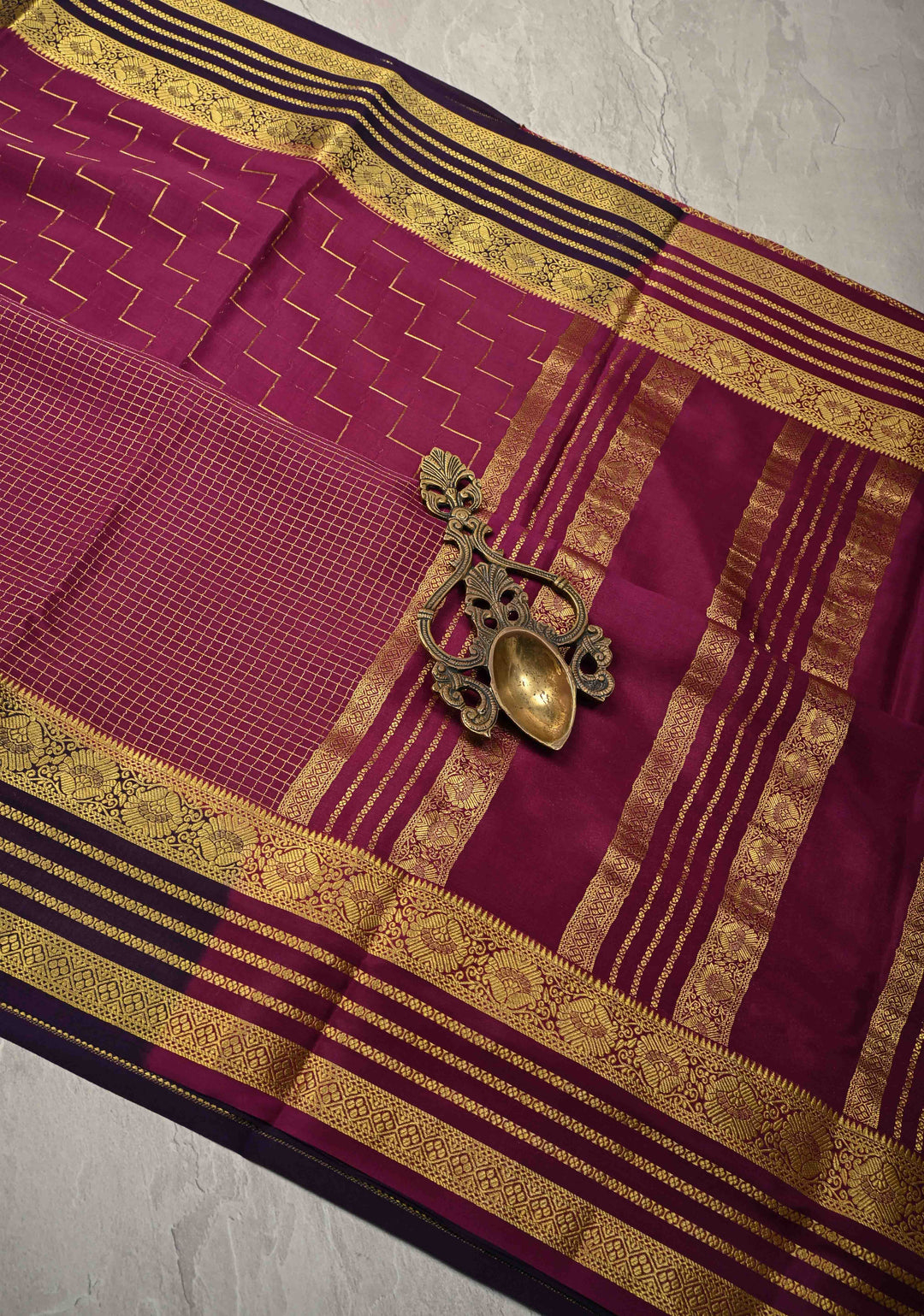 3 color Plum-Sap Green Panel Design on Pure Mysore Silk Saree with Podi-Kattam Zari Checks and Zari Border in KSIC Grade Thickness | SILK MARK CERTIFIED