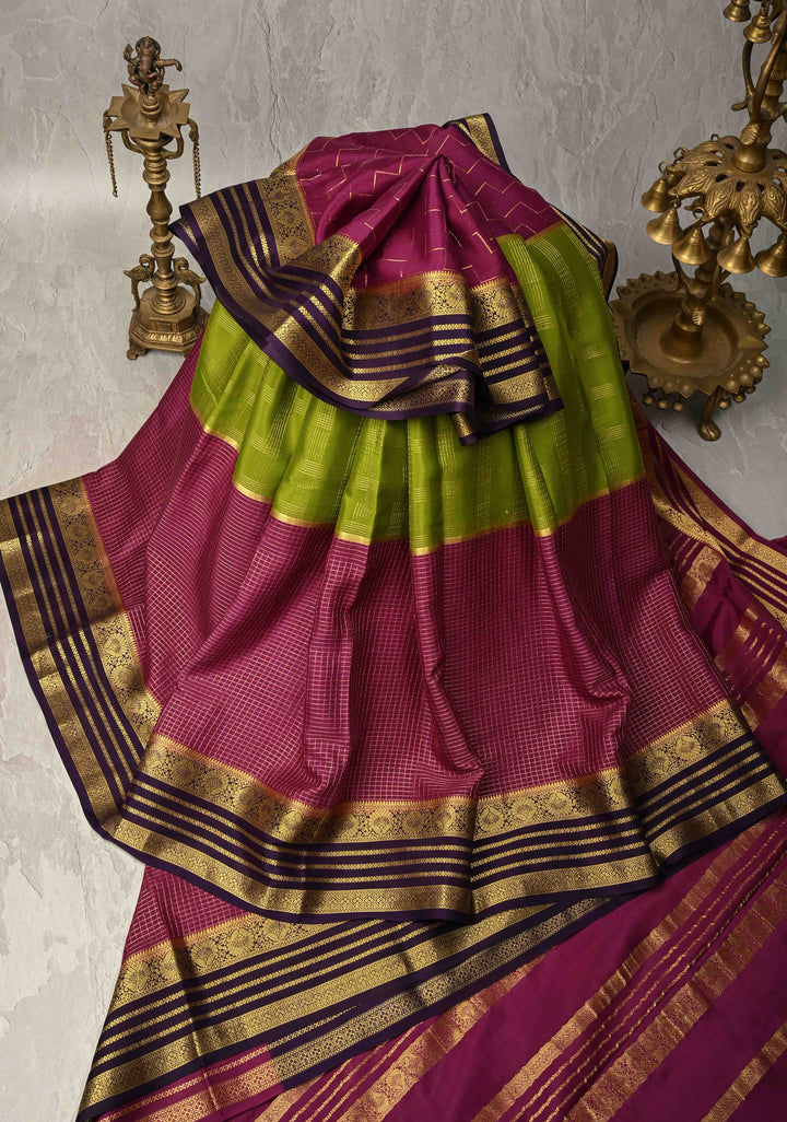 3 color Plum-Sap Green Panel Design on Pure Mysore Silk Saree with Podi-Kattam Zari Checks and Zari Border in KSIC Grade Thickness | SILK MARK CERTIFIED