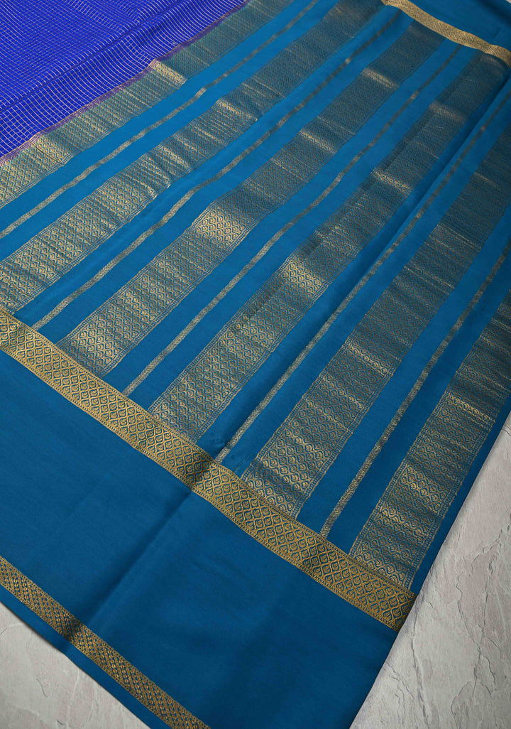 Royal Blue Pure Mysore Silk Saree with Podi-Kattam Zari Checks and Contrast Zari Border in KSIC Grade Thickness | SILK MARK CERTIFIED