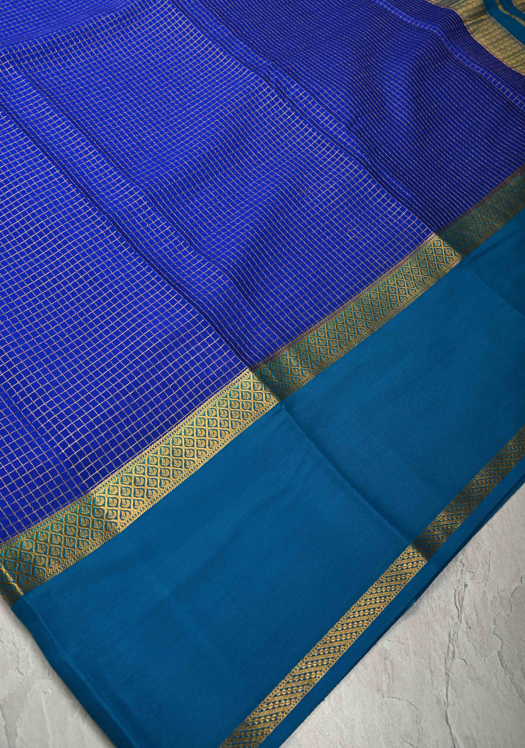 Royal Blue Pure Mysore Silk Saree with Podi-Kattam Zari Checks and Contrast Zari Border in KSIC Grade Thickness | SILK MARK CERTIFIED