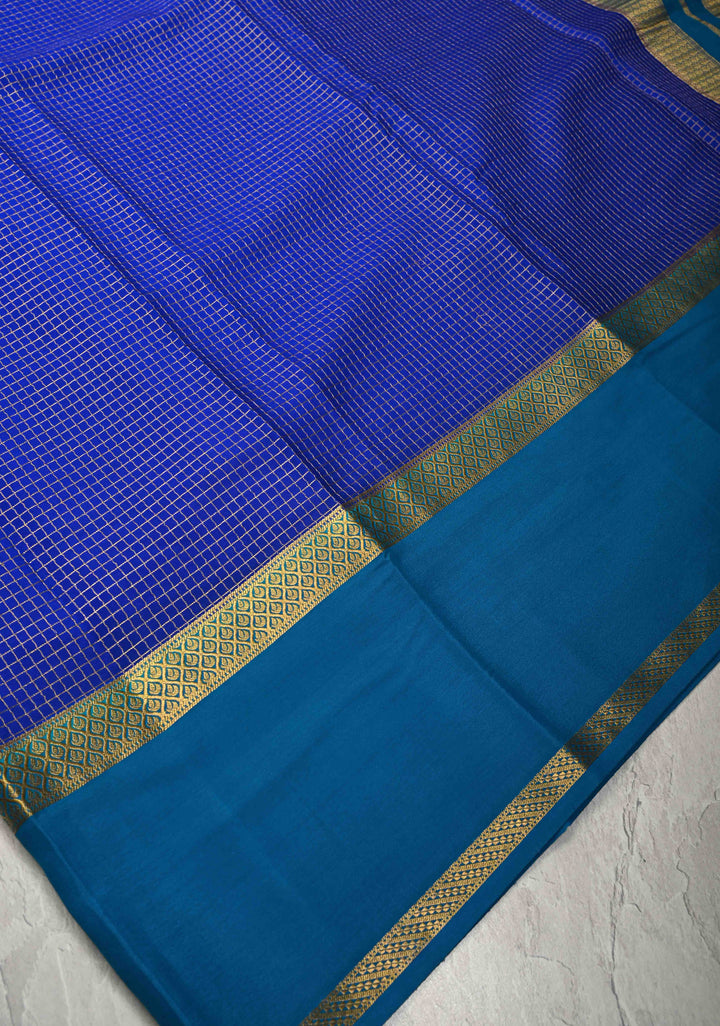 Royal Blue Pure Mysore Silk Saree with Podi-Kattam Zari Checks and Contrast Zari Border in KSIC Grade Thickness | SILK MARK CERTIFIED