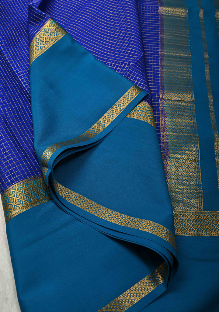 Royal Blue Pure Mysore Silk Saree with Podi-Kattam Zari Checks and Contrast Zari Border in KSIC Grade Thickness | SILK MARK CERTIFIED