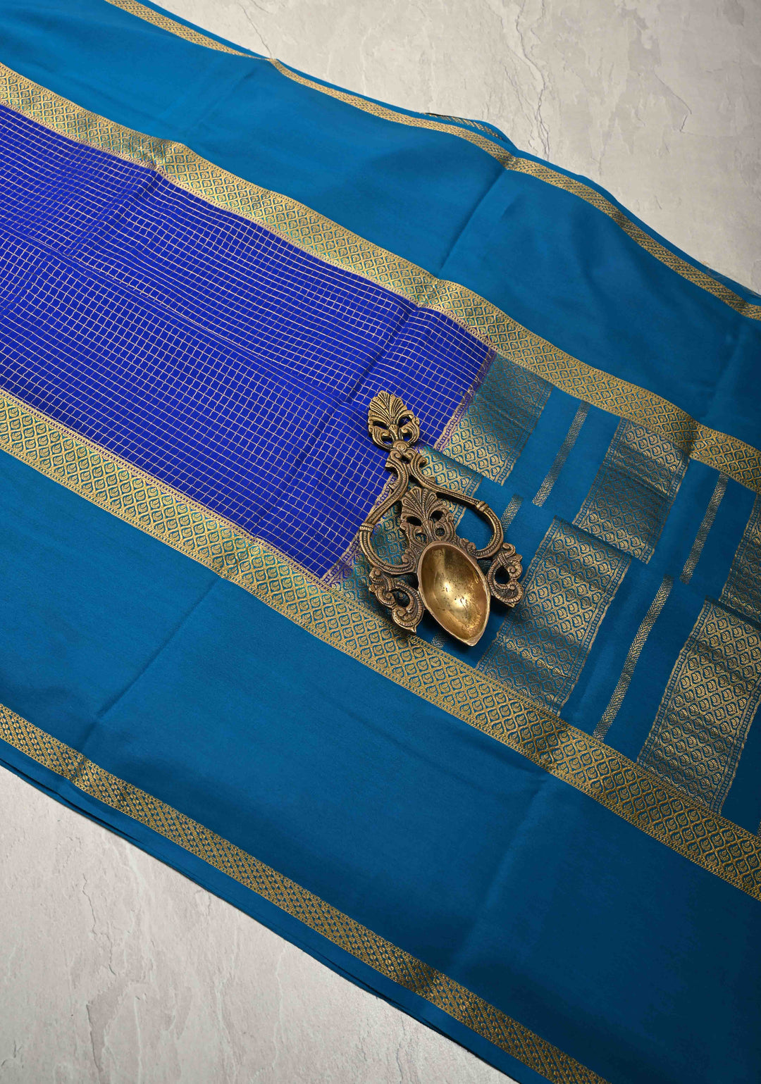 Royal Blue Pure Mysore Silk Saree with Podi-Kattam Zari Checks and Contrast Zari Border in KSIC Grade Thickness | SILK MARK CERTIFIED