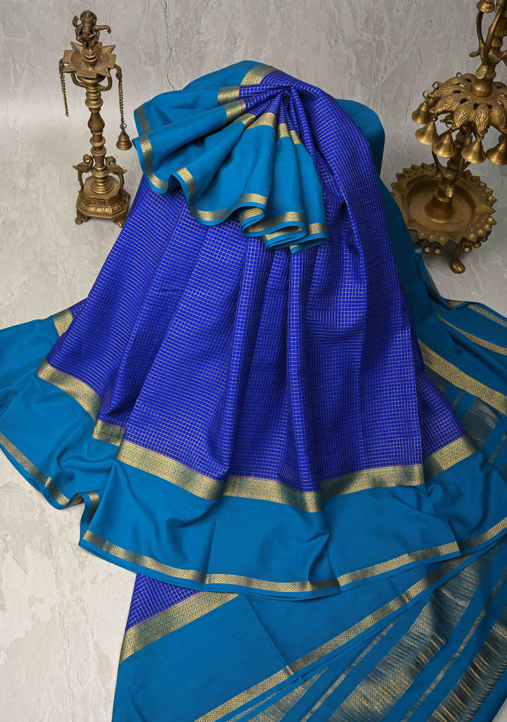 Royal Blue Pure Mysore Silk Saree with Podi-Kattam Zari Checks and Contrast Zari Border in KSIC Grade Thickness | SILK MARK CERTIFIED