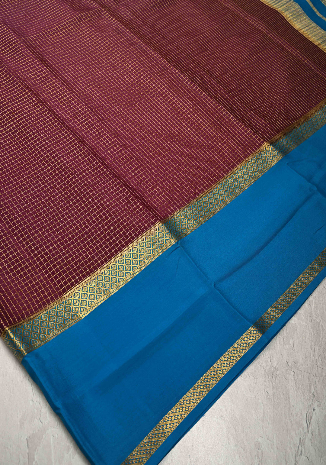 Plum Pure Mysore Silk Saree with Podi-Kattam Zari Checks and Contrast Zari Border in KSIC Grade Thickness | SILK MARK CERTIFIED
