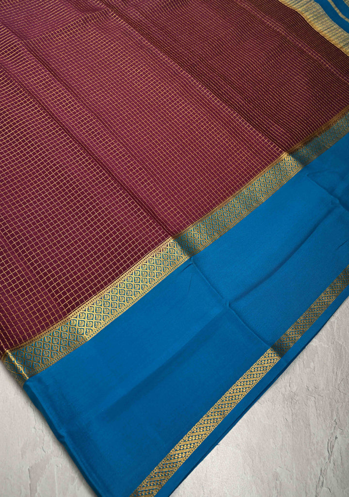 Plum Pure Mysore Silk Saree with Podi-Kattam Zari Checks and Contrast Zari Border in KSIC Grade Thickness | SILK MARK CERTIFIED