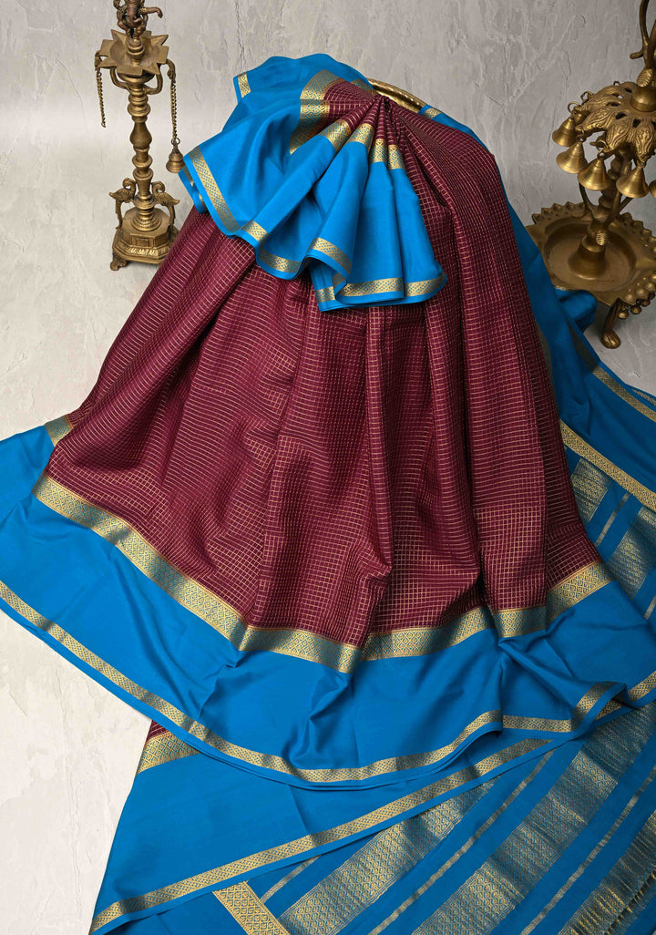 Plum Pure Mysore Silk Saree with Podi-Kattam Zari Checks and Contrast Zari Border in KSIC Grade Thickness | SILK MARK CERTIFIED