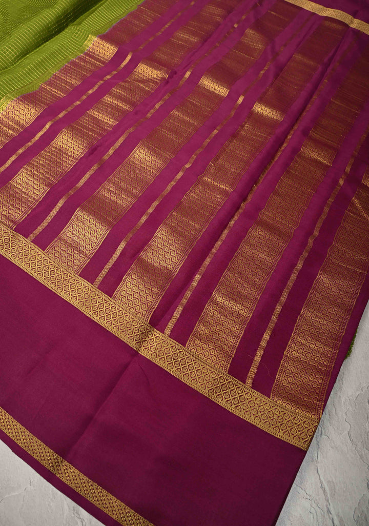 Sap Green Pure Mysore Silk Saree with Podi-Kattam Zari Checks and Contrast Zari Border in KSIC Grade Thickness | SILK MARK CERTIFIED