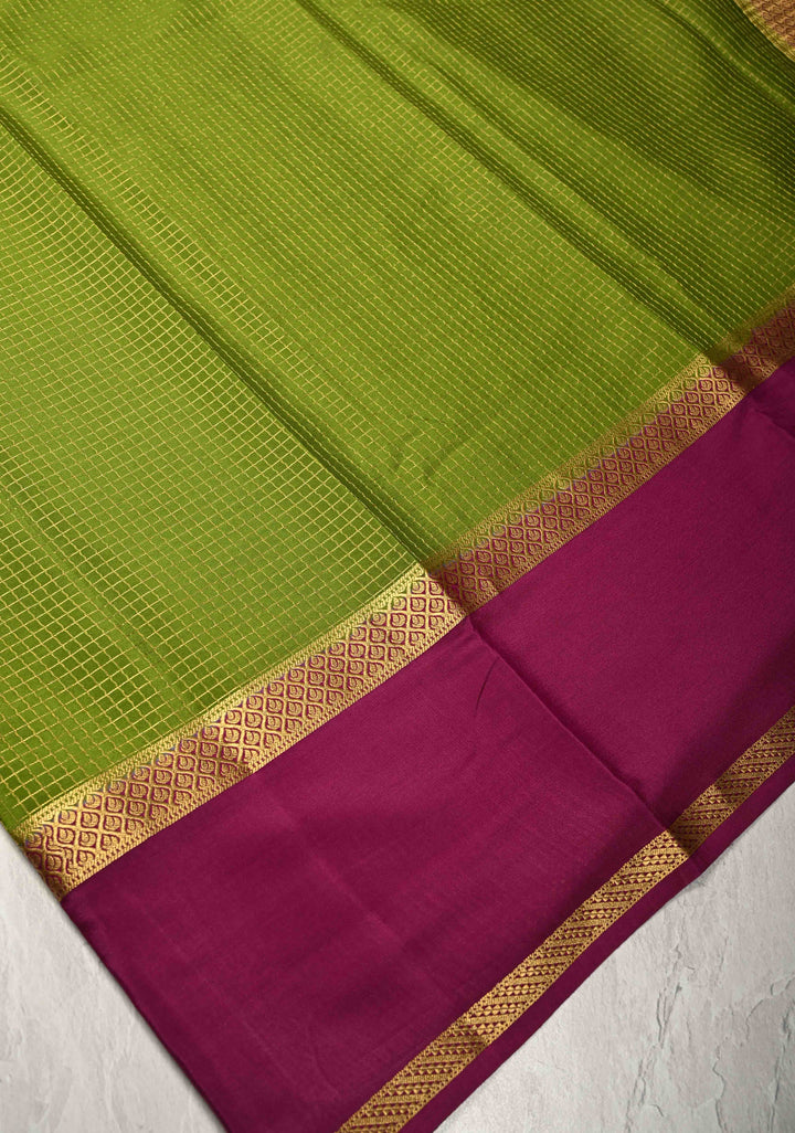 Sap Green Pure Mysore Silk Saree with Podi-Kattam Zari Checks and Contrast Zari Border in KSIC Grade Thickness | SILK MARK CERTIFIED