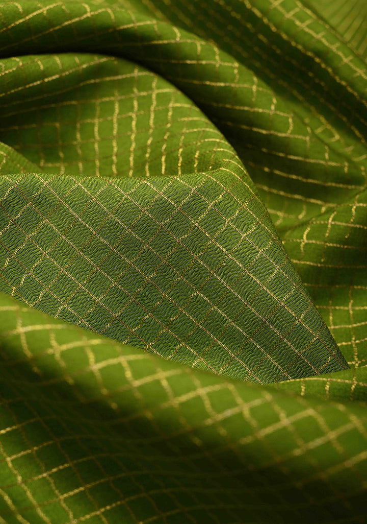Sap Green Pure Mysore Silk Saree with Podi-Kattam Zari Checks and Contrast Zari Border in KSIC Grade Thickness | SILK MARK CERTIFIED