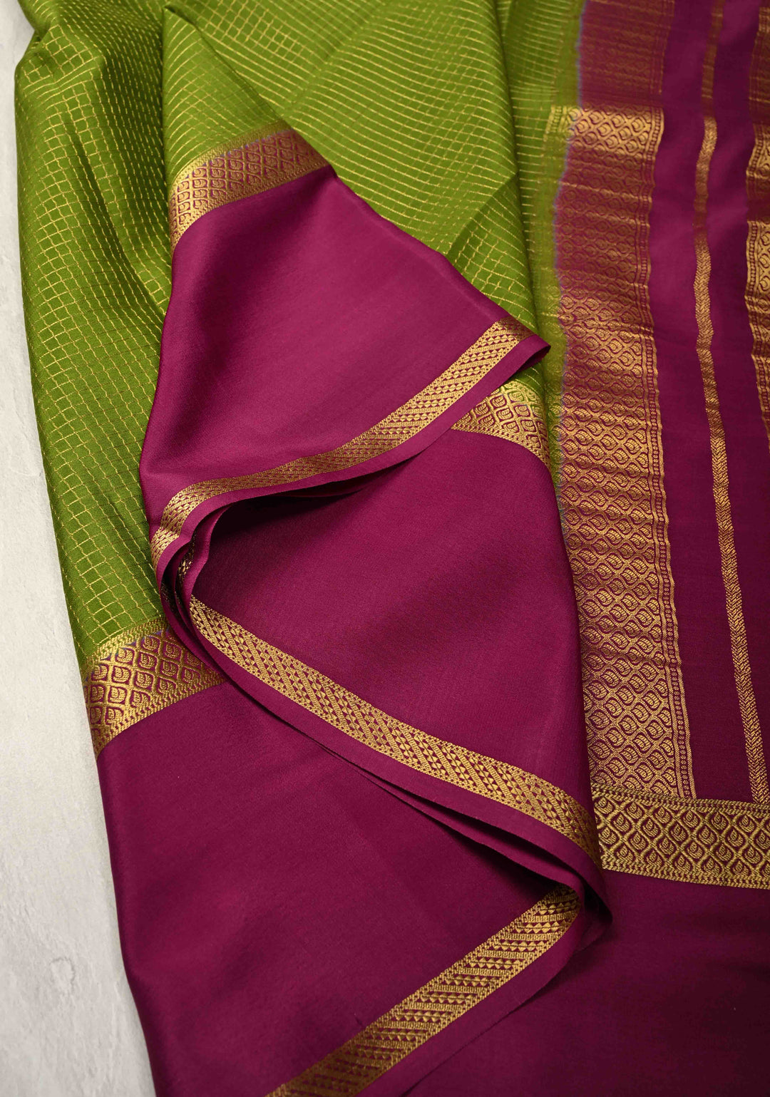 Sap Green Pure Mysore Silk Saree with Podi-Kattam Zari Checks and Contrast Zari Border in KSIC Grade Thickness | SILK MARK CERTIFIED