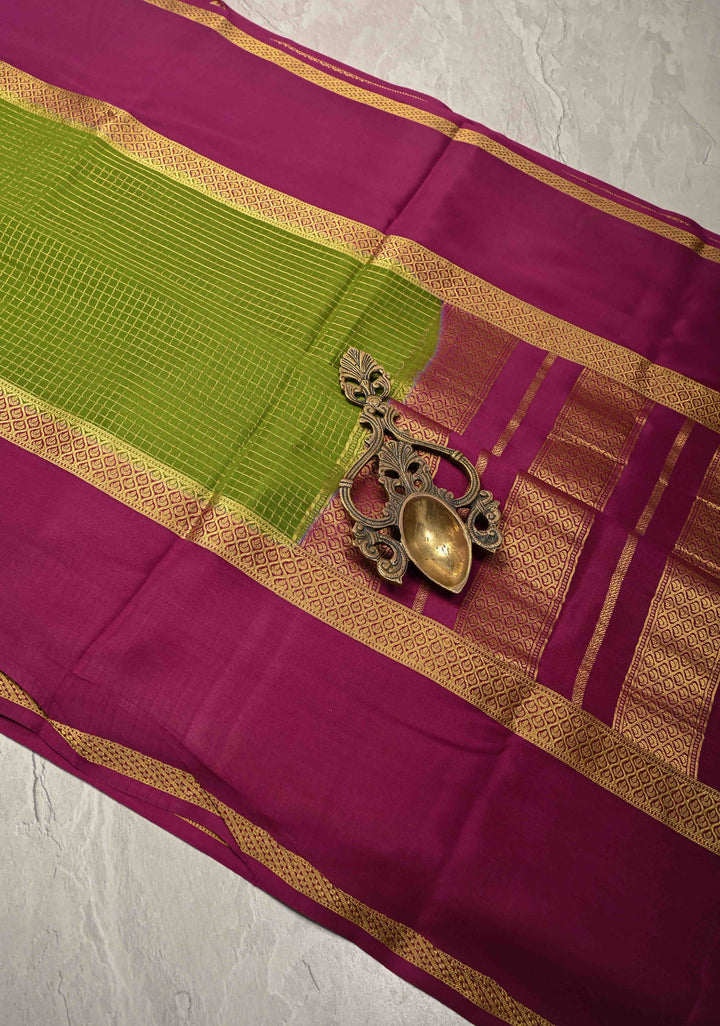 Sap Green Pure Mysore Silk Saree with Podi-Kattam Zari Checks and Contrast Zari Border in KSIC Grade Thickness | SILK MARK CERTIFIED