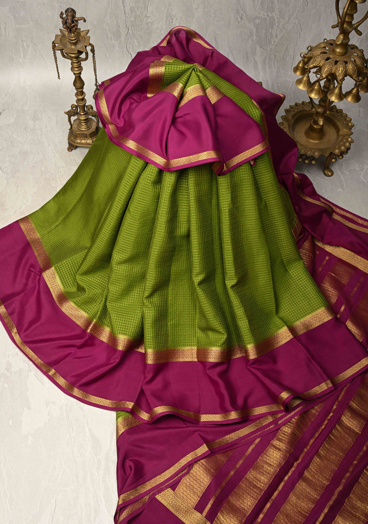 Sap Green Pure Mysore Silk Saree with Podi-Kattam Zari Checks and Contrast Zari Border in KSIC Grade Thickness | SILK MARK CERTIFIED