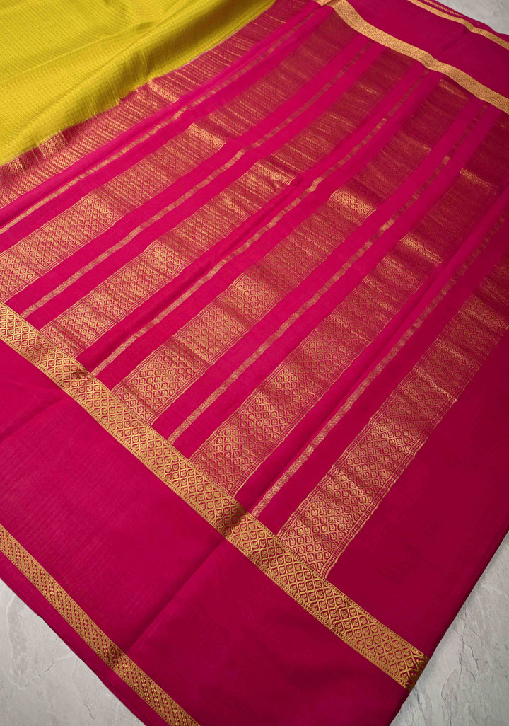 Moss Green Pure Mysore Silk Saree with Podi-Kattam Zari Checks and Contrast Zari Border in KSIC Grade Thickness | SILK MARK CERTIFIED