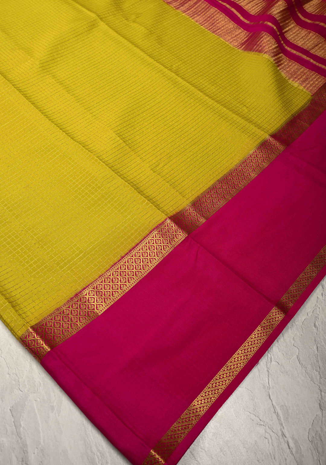 Moss Green Pure Mysore Silk Saree with Podi-Kattam Zari Checks and Contrast Zari Border in KSIC Grade Thickness | SILK MARK CERTIFIED