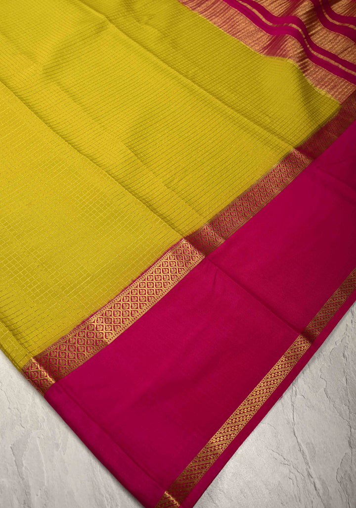 Moss Green Pure Mysore Silk Saree with Podi-Kattam Zari Checks and Contrast Zari Border in KSIC Grade Thickness | SILK MARK CERTIFIED
