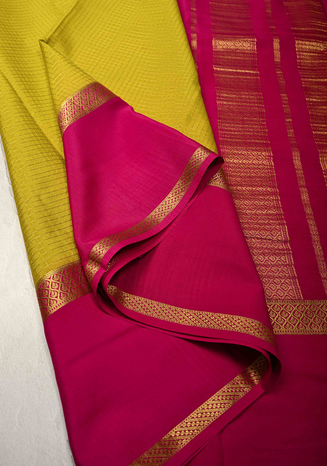 Moss Green Pure Mysore Silk Saree with Podi-Kattam Zari Checks and Contrast Zari Border in KSIC Grade Thickness | SILK MARK CERTIFIED
